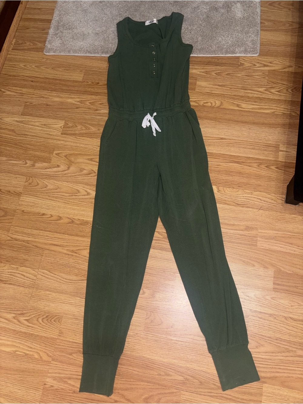Sleeveless Drawstring Olive Jumpsuit with Button Placket